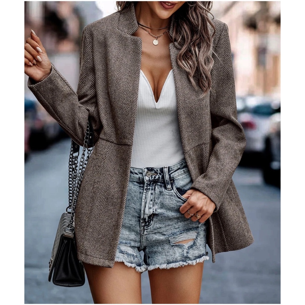 Classic Khaki Herringbone Blazer Jacket Coat - Picture 7 of 9